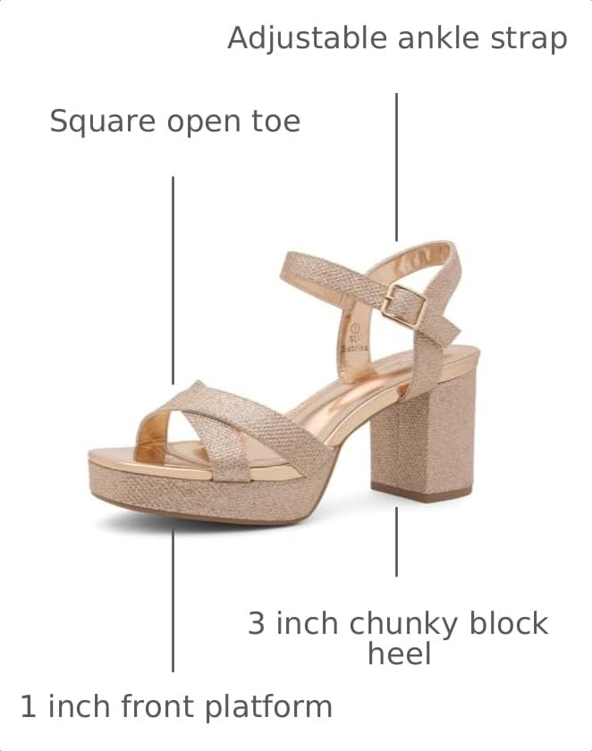 Image of Shoe Land Platform Heels for Women - 3 Inch Chunky Block Heeled Sandals, Square Open Toe, Ankle Strap Dressy Strappy High Heels for Wedding, Party & Evening Events