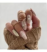 JNRNALI Valentines Nude Press on Nails Medium Almond Fake Nails, Heart Press on Nails Valentines ...