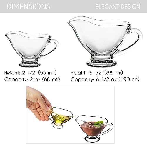 Crystalia Gravy Boat Saucer Set Clear Glass, Large and Small Condiment Appetizer Serving Bowl with Easy Grip Handle, Lead-Free Premium Clear Glass Set of 2