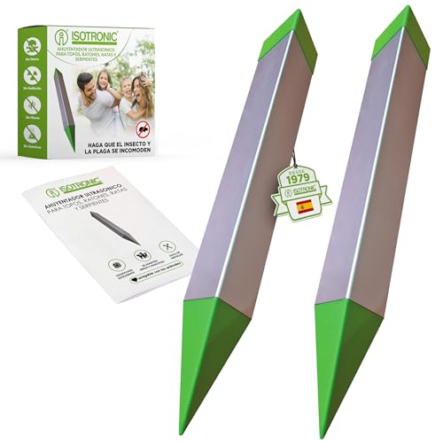 ISOTRONIC Ahuyentador de topos con pilas, contra topos, ratones, hormigas, serpientes, UVM. | ahuyentador de topos con vibraciones de cuarzo y vibraciones, alcance de 1250 m² (2)