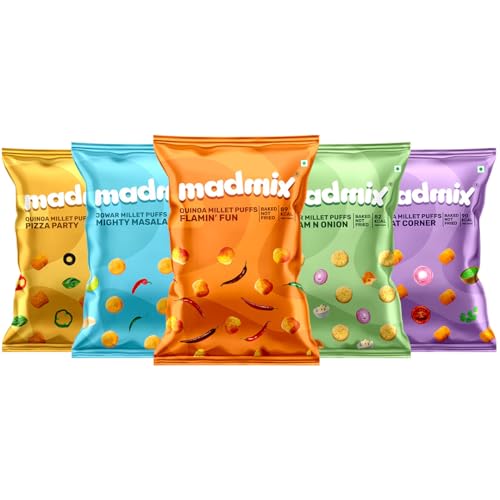 Image of Madmix All Snack Mix | Ultimate Snacking Combo | No preservatives, Baked, Gluten-Free, Vegan and Healthy Snacks | Grab-n-Go Snack Mix | Millet Puffs X 10 | Baked Bhujia X 6 | Paan and Mango Flavoured Raisins X 4