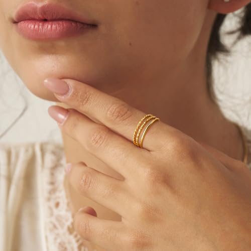 Gold Rings for Women Non Tarnish, Dainty 14K Gold Plated Stackable Thin Thumb Ring Set Trendy Pinky Wedding Bands Engagement Rings for Women Size 6-113