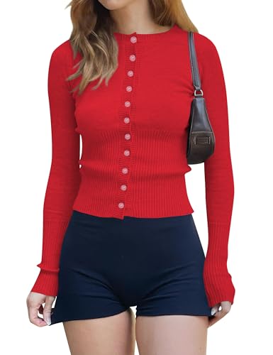 Cioatin Women Button Down Long Sleeve Crop Cardigan Y2K Crew Neck Fit Knit Sweater Pullover Shirt Fall Outfits Aesthetic