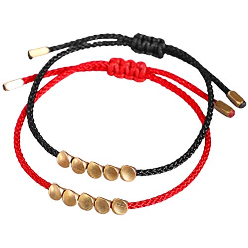 LINONI 2 Stück handgefertigtes tibetisch-buddhistisches Kupferperlen-Armband, verstellbar, Glücks-Baumwoll-Seil, Knoten, rot und schwarz, Kordel für Damen und Herren