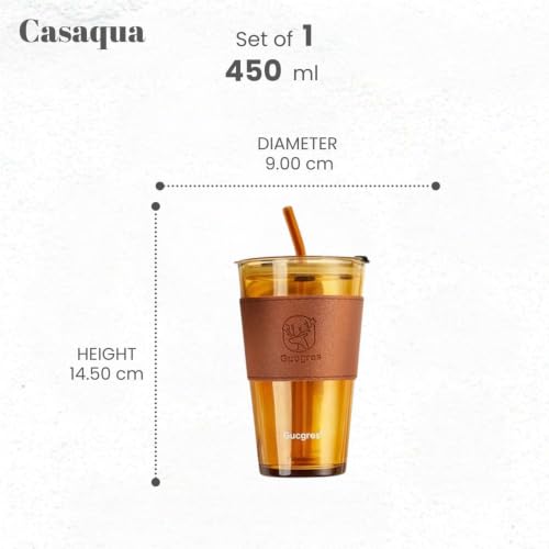 Image of Glass Tumbler with Lid & Straw - 450ml, Set of 1, Iced Coffee Cup, Clear Drinking Glass with Silicone Grip Sleeve, Leak-Resistant Lid, Travel Tumbler for Coffee, Tea, Smoothies & Office Use