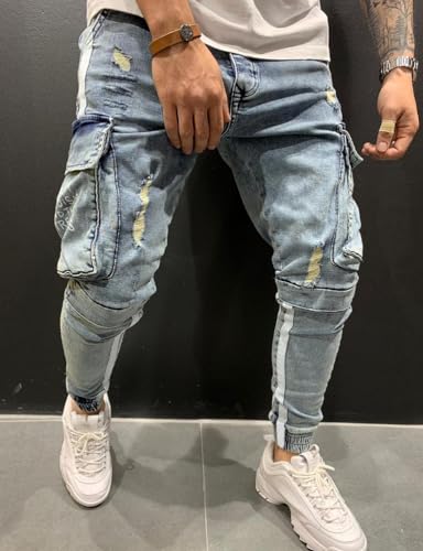 IDEALSANXUN Mens Cargo Slim Fit Skinny Ripped Jeans Striped Denim Pants4