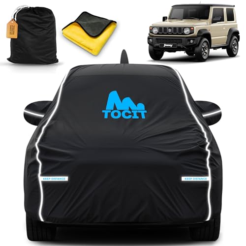 Image of Suzuki Jimny Waterproof Long Life Cover with Safety Glow Reflective Strap, Premium Stretchable Velvet Velour Fabric, Machine Washable, Tri-Stitch Custom Fit with Mirror & Antenna Pocket