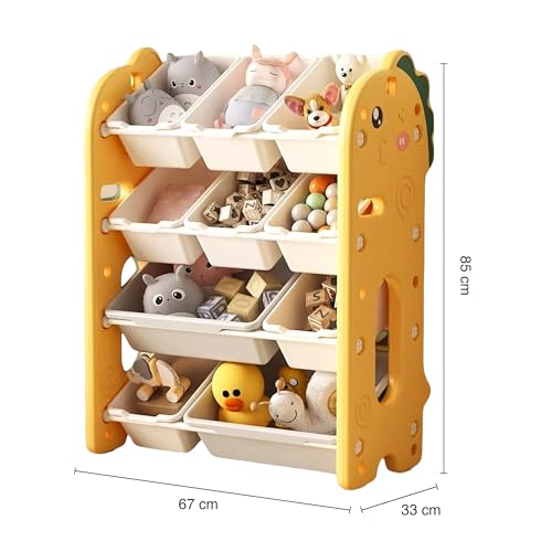 Image of oddpod Dino Kids Toy Organizer Storage Racks with Bins, Cute Cartoon Montessori Plastic Bookshelf for Children & Bedroom Shelf for Baby Hardline Toys, Books, Clothes & Games - Yellow (8+2 Bins)