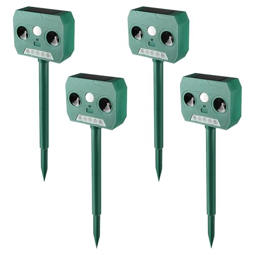 Paquete de 4 repelentes solares para gatos, disuasivos ultrasónicos de animales al aire libre, sensor infrarrojo, amplia cobertura, impermeable, altavoces duales, luz intermitente