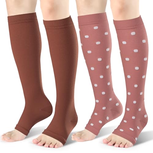 Image of Toeless Compression Socks 15-20 mmHg, 2 Pairs open toe Knee High Support | reduce leg fatigue, and keep feet comfortable for travel, pregnancy, nurses, running
