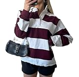 UAURORAO Women Striped Rugby Shirt Long Sleeve Cropped Polo Shirts Oversized Collared Sweatshirt Teens Girls Preppy Vintage Pullover Sweaters(Baggy Wine,Large)