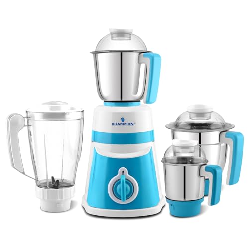 Image of Champion Fortune 750 watt Mixer Grinder | 3 Multipurpose Stainless Steel Jars & 1 Juicer Jar | Copper Motor with 22,000 RPM Speed | 3 Yrs Warranty | Smart Safety Features | White & Blue
