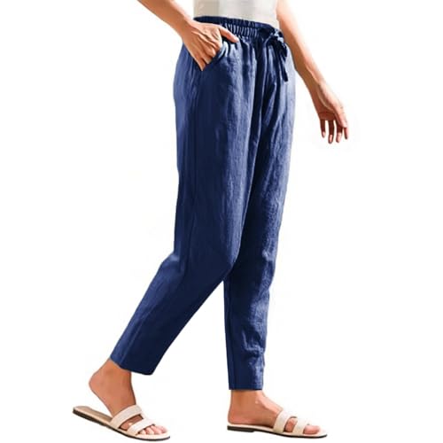 Cropped Linen Pants Women Summer Elastic Drawstring Waist Tapered Straight Leg Crop Pants Casual Beach Ankle Trousers