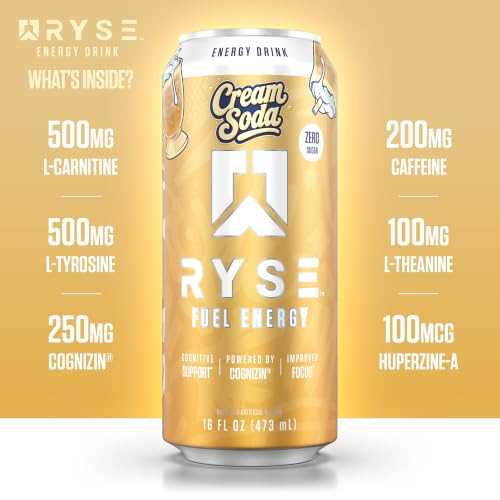 Image of RYSE Fuel Energy Drink - Cream Soda - Sugar Free - 200mg Natural Caffeine, New Formula to Supports Cognitive Health & Improves Focus - No Artificial Colors - 16 fl oz Cans (12-Pack)