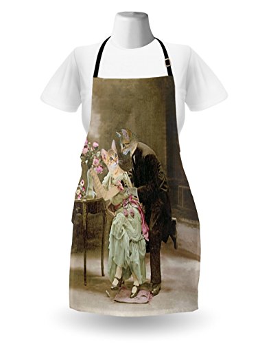 Lunarable Cat Apron, Vintage Painting Of 2 Kittens Dating Victorian Couple Romance Love Theme, Unisex Kitchen Bib Apron With Adjustable Neck For Cooking Baking Gardening, Brown Pale Green Pink #TOP1
