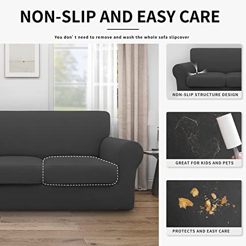 Image of Easy-Going Waterproof 3-Piece Oversized Loveseat Couch Covers for Sofa | 3-Piece Set Spandex Sofa Cover Slipcover Elastic Bottom Dog Pet Friendly Dark Gray