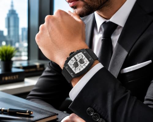 Image of FOREST Men's Analog Quartz Watch with Skeleton Style White Dial & Black Silicone Strap | Tonneau Case | Premium Fashion Wrist Watch for Casual, Sports, Business &