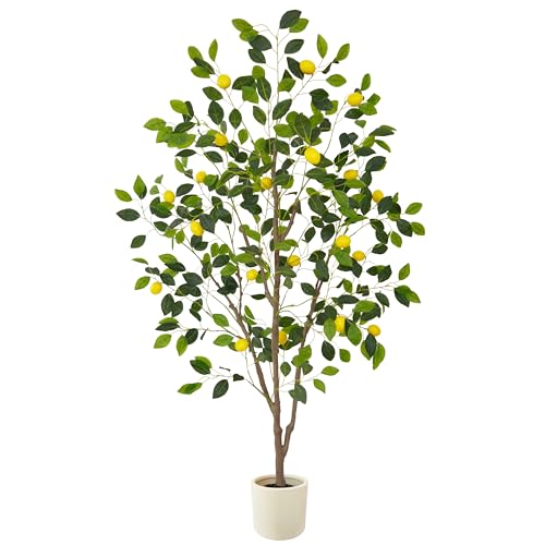 Warmplants Artificial Lemon Tree, 6ft Tall Floor Faux Lemon Plastic Plant with White Planter, Fake...
