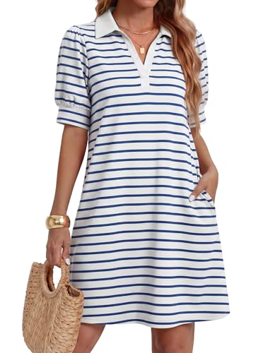 Image of ZESICA Womens Summer Striped T Shirt Mini Dresses 2026 Casual Lapel V Neck Short Sleeve Flowy A Line Beach Vacation Dress