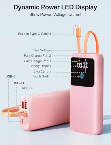 Image of Portable Laptop Charger 24000mAh 65W w /USB C Built-in Cable Pink | 65W Fast charging, LED display, Charge 4 devices at once, Pass through, TSA approved, Compatible with Macbook /Notebook /iPhone