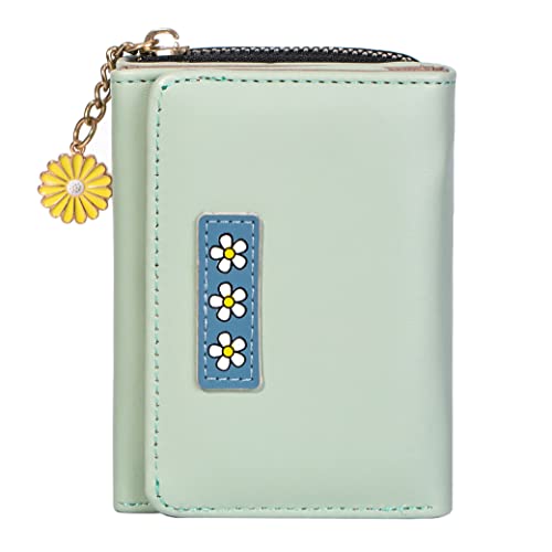 Small Wallet for Women, Fashion Girls Cute Tri-folded Wallet with Delicate Daisy Pendant, Flowers PU Leather Card Holder Women Coin Purse （Green）
