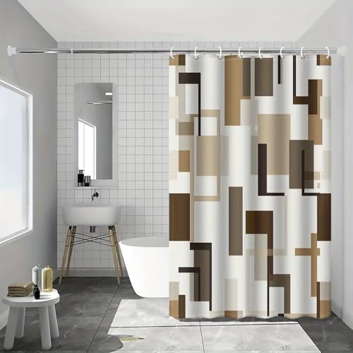 Rideau de douche chic géométrique marron et blanc haut de gamme pour baignoire