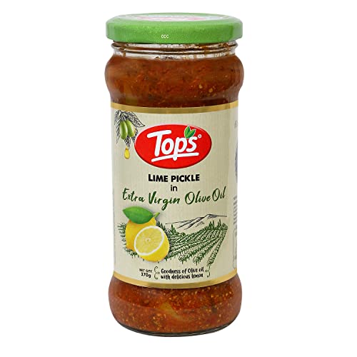 Image of TOPS Olive Oil Lime Pickle - 370 gm Glass Jar | Perfect blend of select seasonal vegetables in extra virgin olive oil and aromatic spices