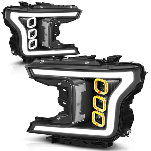 Auto Dynasty Headlights Assembly for 2018 2019 2020 Ford F-150 Projector Headlamps with 3D LED DRL Triple Square Sequential Halo Turn Signal Driver and Passenger Side Black Housing Clear Corner