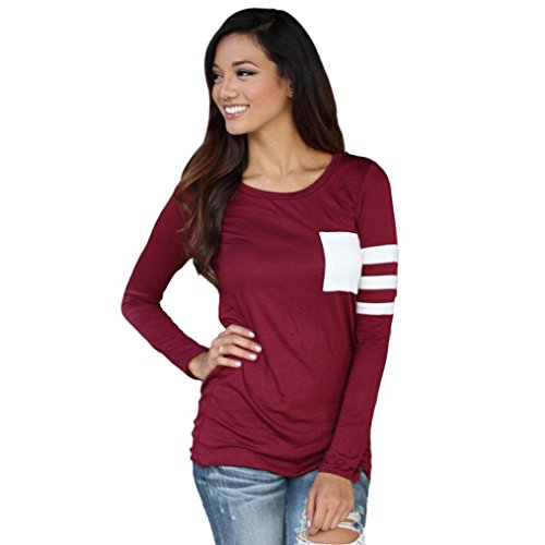 Malltop Women Casual Long Sleeve O-Neck Splice Color Patch Blouse Tops T Shirt(M, Red)