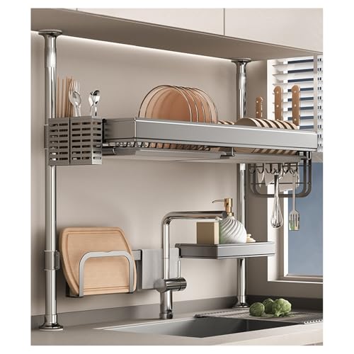 ASerZenith Metal Dishes Drainer For Kitchen, Large Over Sink Dish Rack With Utensil Holder, Tableware Storage Stand, Height Adjustable From 66.5 To 105 Cm(Silver-2-Lay-87.5X66.5-105Cm)