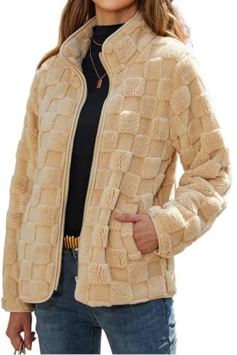 SELINK Shacket Jacket for Women Casual Solid Checkered Side Pockets Zipper Fleece Jacket Stand Neck Winter Outerwear