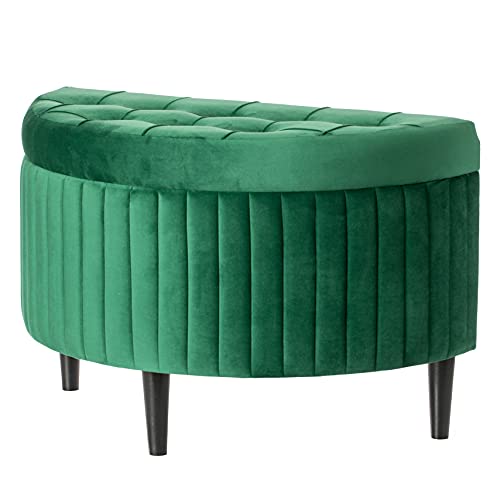 Half Moon Modern Velvet Tufted Storage Ottoman Bench, Green
