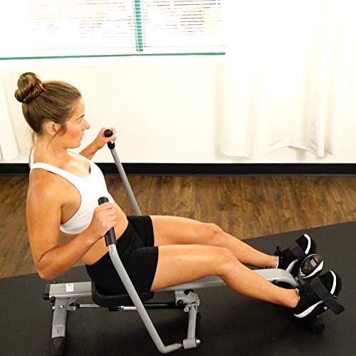 Lady rowing on a Sunny Health SF-RW5639 Rowing Machine 