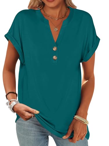Image of ANRABESS Womens Short Sleeve Henley Tops V Neck Dressy Casual Blouses Summer Trendy Tee Shirts 2026 Vacation Fashion Clothes