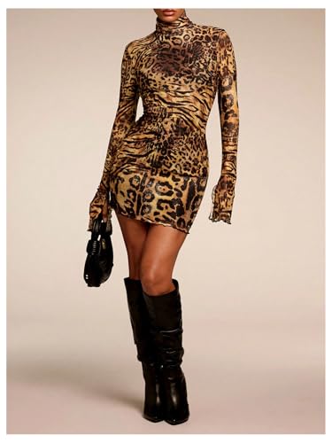 Image of GORGLITTER Women's Mesh Y2K Rave Vegas Going Out Dress Outfits Long Sleeve Club Turtleneck Neck Newspaper Mini Dresses