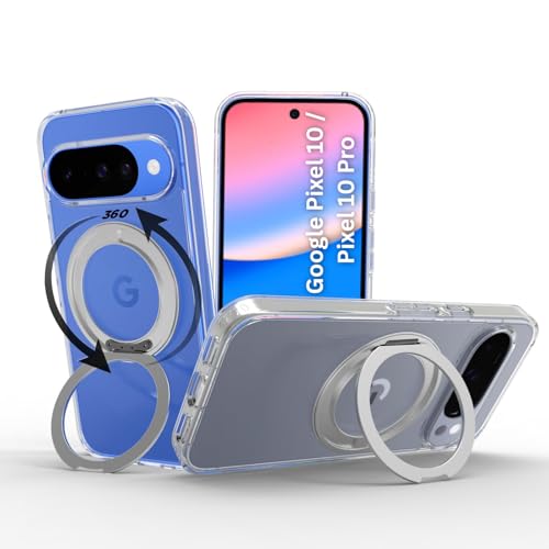 Image of RIGGEAR Shockproof Clear Hybrid Armor 360 Rotating Magnetic Ring Stand Back Cover Case Compatible with MagSafe Accessories for Google Pixel 10 / Pixel 10 Pro (Transparent PC + TPU Bumper)