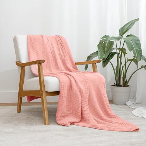 Image of Comfy Cubs Muslin Throw Blanket - 50 inch x 60 inch Quilted Design - Lightweight, Breathable 6-Layer Gauze Fabric - Soft Cotton Blanket for Home or Travel - Packaged in Elegant Gift Box - Bold Blush