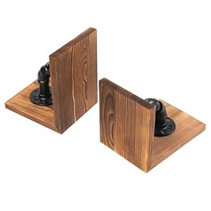 Rustic Decorative Wooden Tabletop Farmhouse Bookends for Heavy Books with Modern Industrial Style Pipe Office Desktop Bookshelf Organizers Stoppers Holder Nonskid Shelf Decor 1 Pair Brown