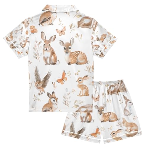 senya Woodland Animals Deer Satin Summer Pajama Sets Silk Short Sleeve Button Down Sleepwear2