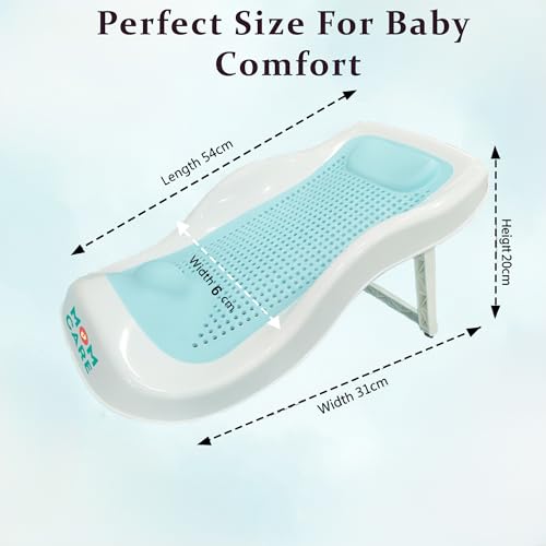 Image of MOM CARE Foldable Baby Bath Support Seat for Newborn (0-6 Months) | Anti-Slip Silicone Baby Bather | Ergonomic Infant Bath Seat for Sink, Tub & Floor | Portable Newborn Bath Support Chair | Blue