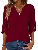 Kistore Women's Casual 3/4 Sleeve TShirts 2026 V Neck Tunic Tops Cute Blouses Loose Fit Business Work Top Wine Red XXL