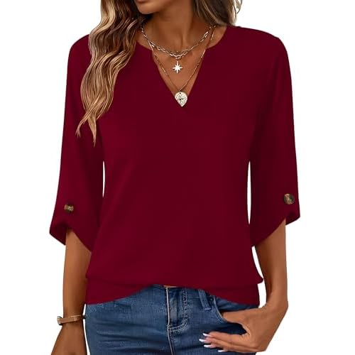Kistore Womens 3/4 Length Sleeve Tunic Tops Casual V Neck Shirts Business Work Blouses Trendy Flowy Tees