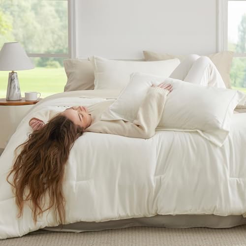 Image of Bedsure Full Comforter Set - 7 Pieces White Full Bedding Set for All Seasons, Boho Contrasting Design Bed in a Bag with Comforter, Sheets, Pillowcases & Shams