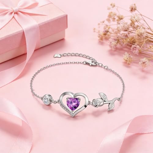 Image of 1CT Rose Heart Bracelet Moissanite Lab-Grown Sapphire Ruby Emerald&More 18K White Rose Gold Plated Anniversary Birthday Gift for Wife Girlfriend Mom Daughter Mothers Day Gift for Mom