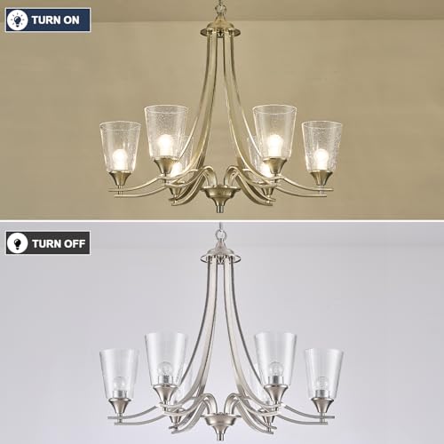 Image of Brushed Nickel Chandelier Light Fixture for Kitchen Island 6-Light Pendant Lighting with Seed Glass Lampshade Max 47.2 Height Adjustable Silver Hanging Light for Dining Room Foyer Living Room
