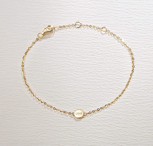Fancime 14K Solid Yellow Gold Dot Disc Round Circle Coin Strand Love Bracelet Dainty Everyday Fine Minimalist Jewelry Anniversary Friendship Gifts For Women, 6" + 1" #TOP1