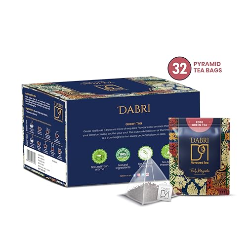 Image of Dabri Rose Green Tea Loose Leaves 32 Pyramid Dip Tea Bags| For Glowing Skin & Hair (Men & Women)| Natural Rose Petals | Antioxidant-Rich | Organic Blend | Relieves Stress & Supports Weight Control