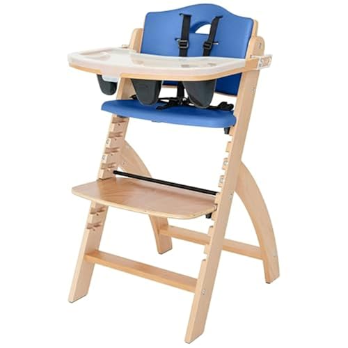 Image of Abiie Beyond Junior Wooden High Chair with Tray - Adjustable and Convertible High Chair for Babies and Toddlers - 6 Months to 250 Lb - Water Resistant - Natural Wood/Blue Cushion