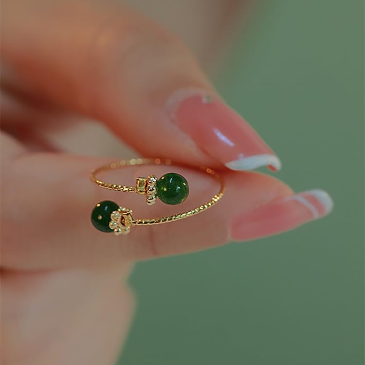 Double Hetian Jade Wrap Open Statement Ring for Women Lucky Green Natural Gemstone Finger Adjustable Gold Plated Thin Band Rings Good Luck Round Dainty Stacking Wedding Valentine Fashion Jewelry Gift4