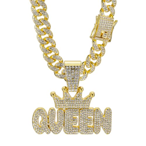 Unisex Adult Queen Alphabet Hip Hop Cuban Chain Necklace, 19.6 Inches, Gold Plated Stainless Steel, Rhinestone Letter Pendant